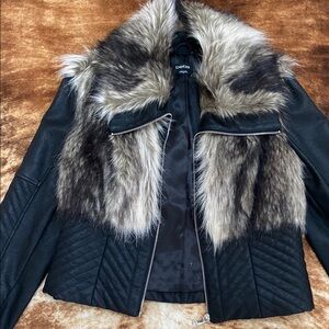 Bebe Black Faux Leather Jacket with Quilted Design and Faux Fur